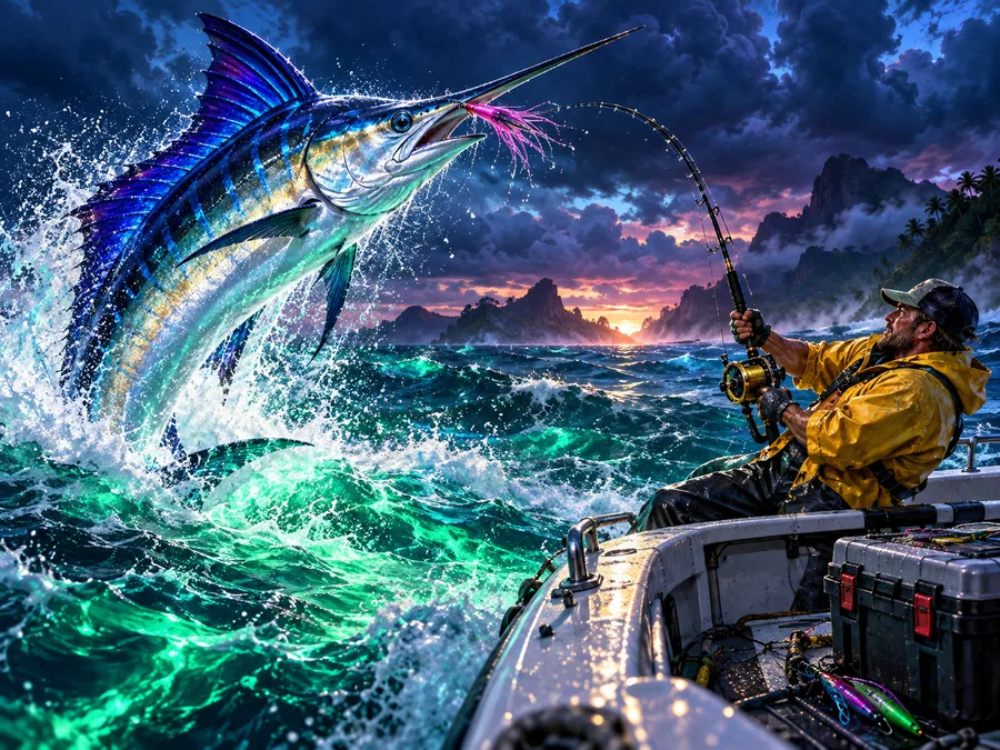 Original fisher pulling a luminous marlin from a stormy tropical sea