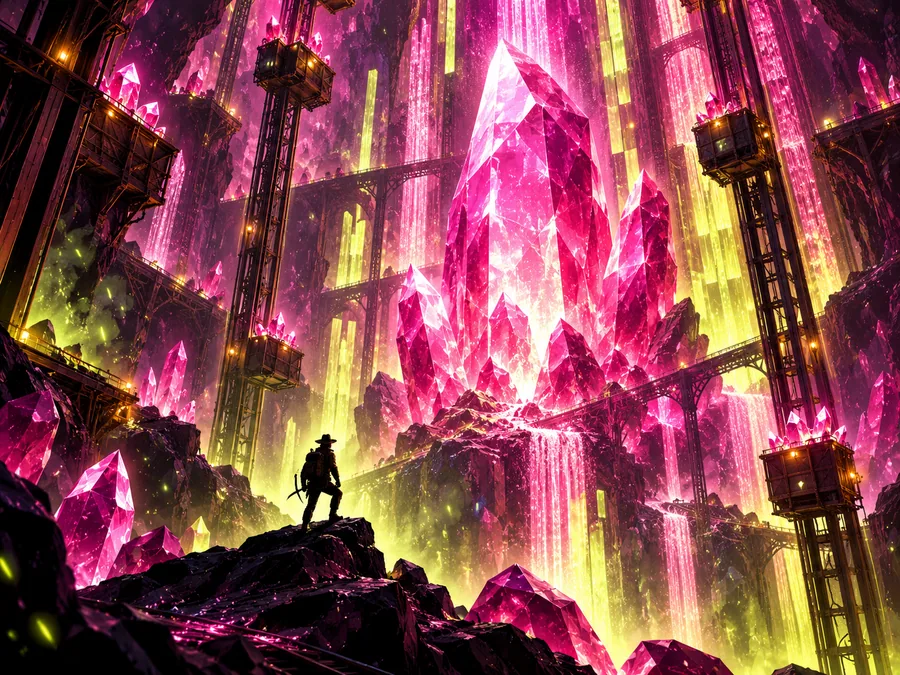Original crystal mine with a huge magenta crystal and vertical elevator tracks