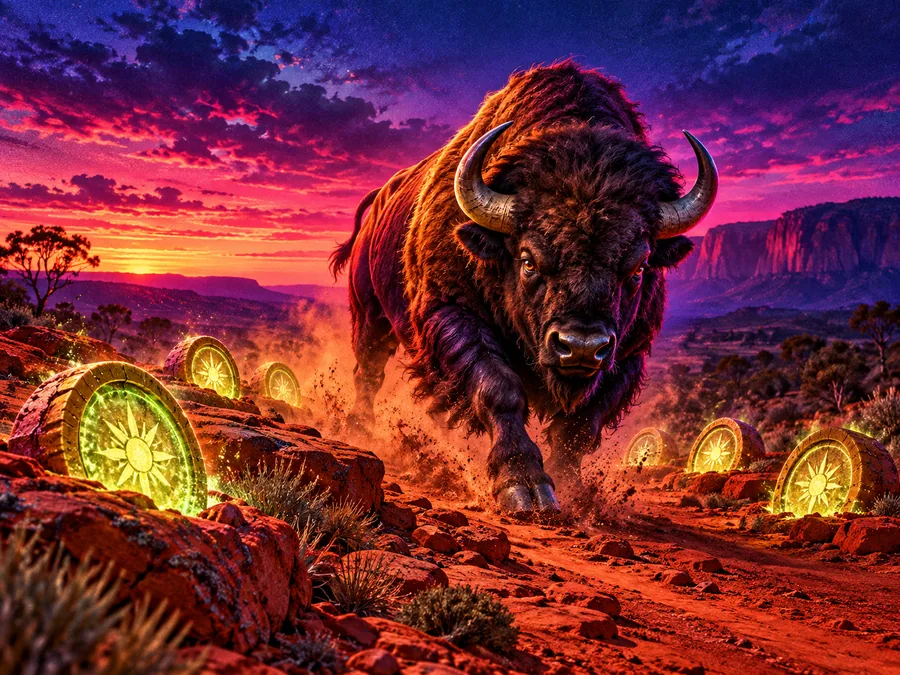 Original editorial art of a buffalo charging along a luminous desert trail
