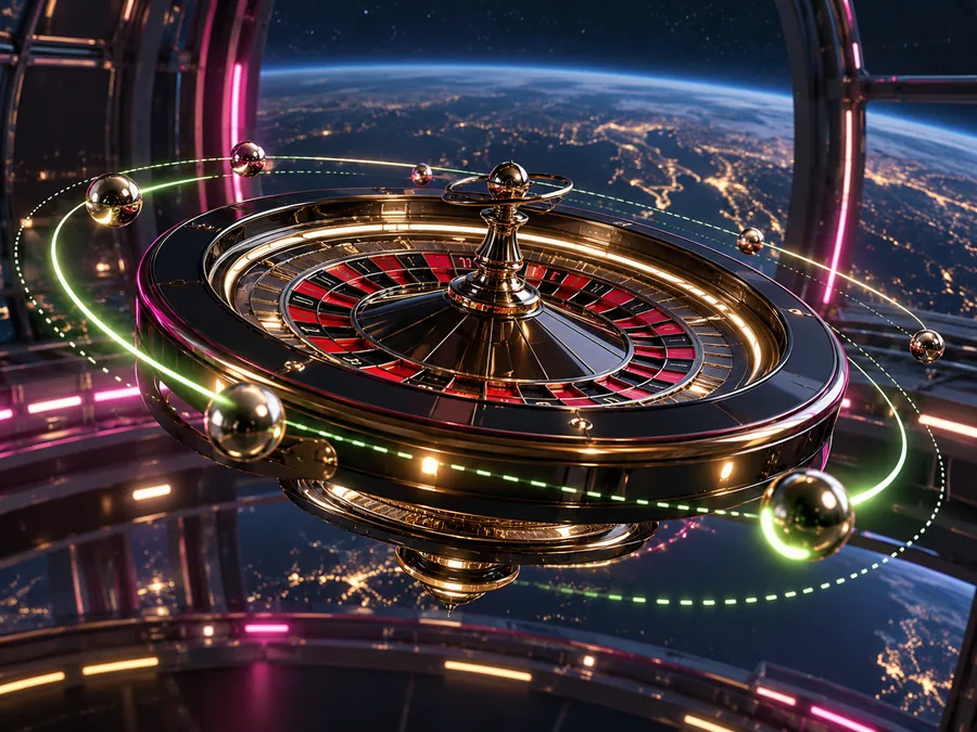 Original floating mechanical roulette wheel with metallic balls orbiting above Earth
