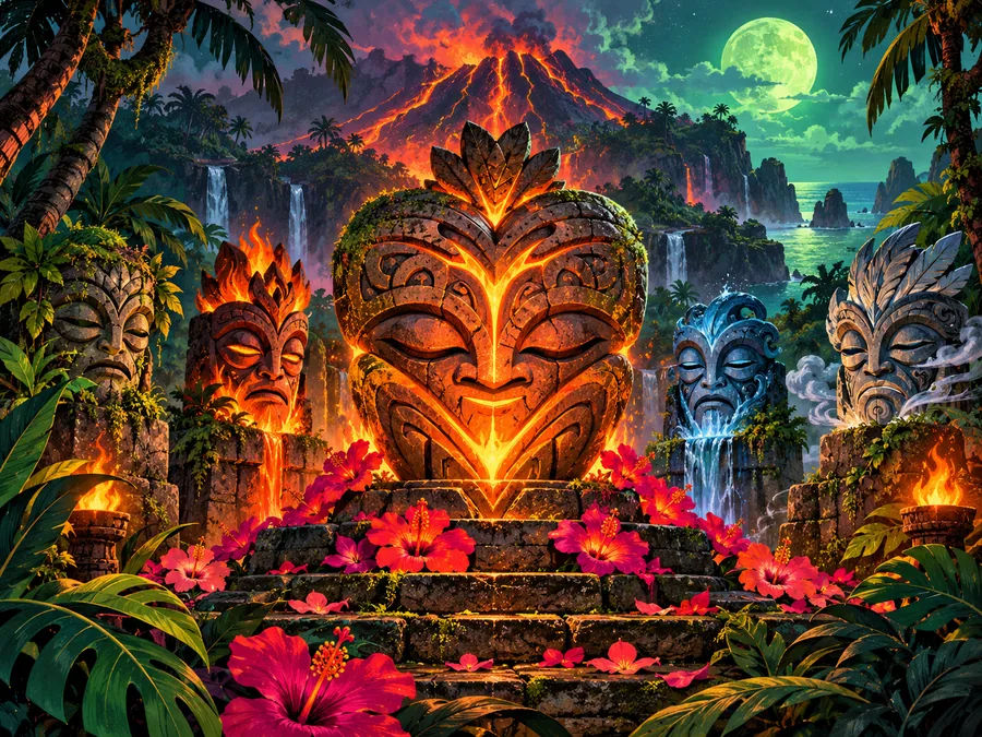Original glowing stone heart idol surrounded by flowers and elemental masks