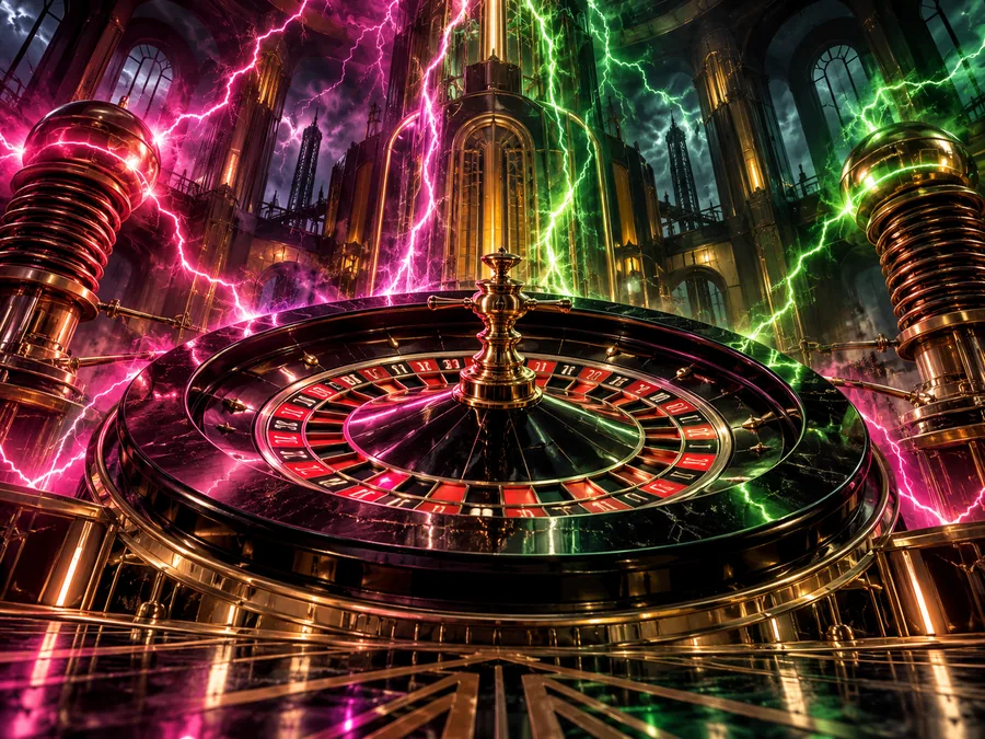 Original black roulette wheel inside an art-deco power station with pink and green lightning