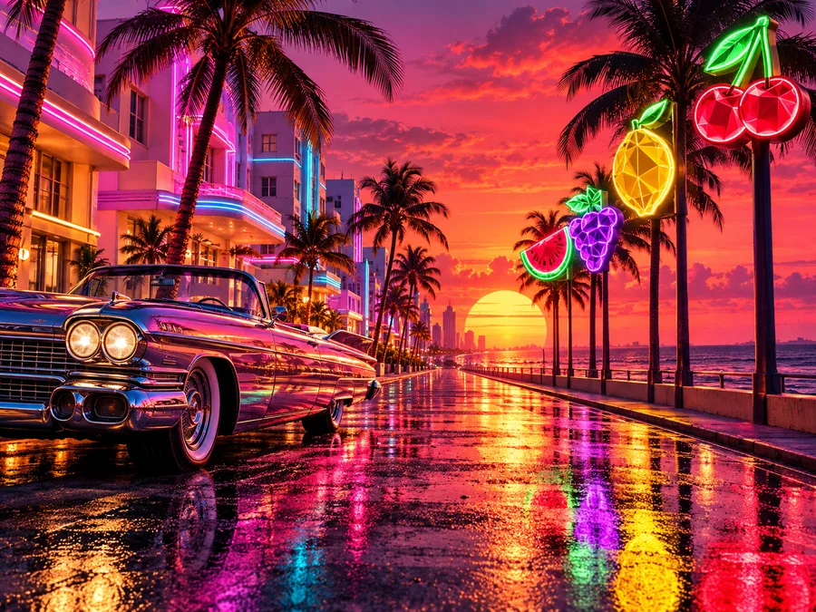 Original art-deco boulevard with a chrome convertible and geometric neon fruit signs